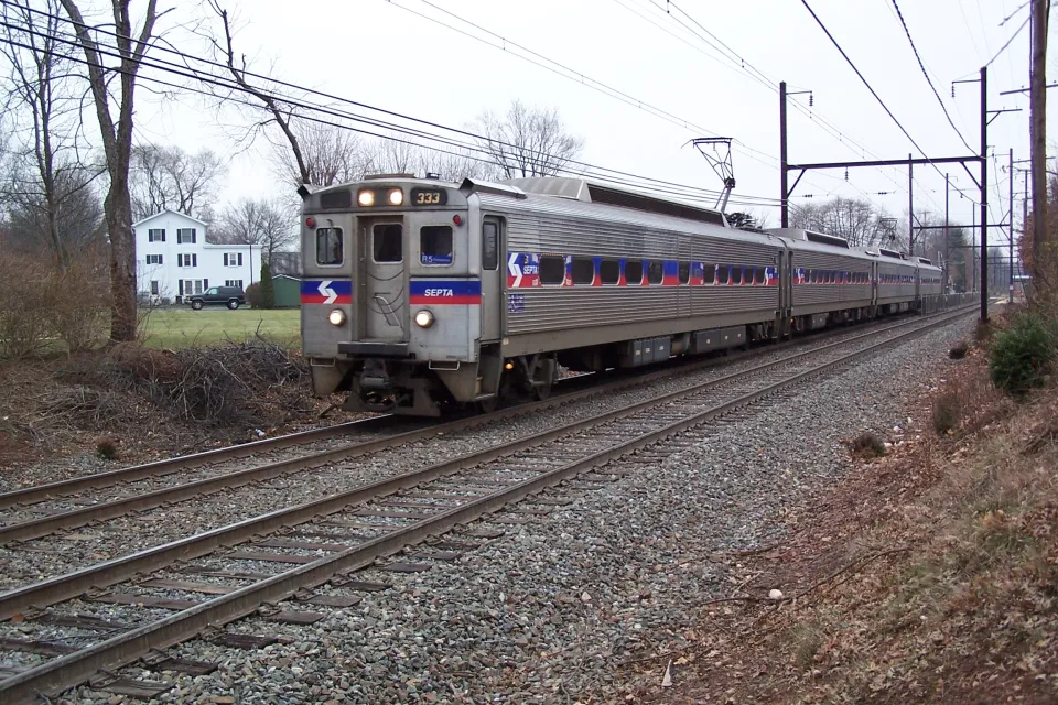 A SEPTA R5 commuter train heading for Doylestown, Pennsylvania from Lansdale station.